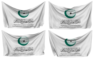 organização do islâmico cooperação, oic fixado bandeira a partir de cantos, isolado com diferente acenando variações, 3d Renderização png