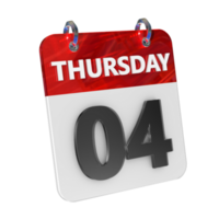 Thursday 4 Date 3D Icon Isolated, Shiny and Glossy 3D Rendering, Month Date Day Name, Schedule, History png