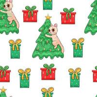 Christmas pattern with cat and pine tree vector