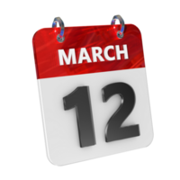 March 12 Date 3D Icon Isolated, Shiny and Glossy 3D Rendering, Month Date Day Name, Schedule, History png