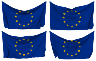 europäisch Union, EU festgesteckt Flagge von Ecken, isoliert mit anders winken Variationen, 3d Rendern png