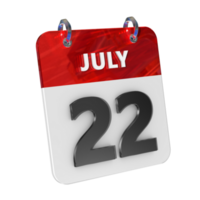 juillet 22 Date 3d icône isolé, brillant et brillant 3d le rendu, mois Date journée nom, calendrier, histoire png