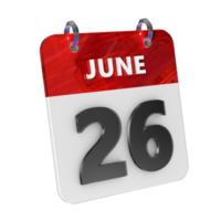 juni 26 datum 3d ikon isolerat, skinande och glansig 3d tolkning, månad datum dag namn, schema, historia png