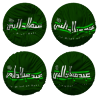 mawlid een nabi as sharif, eid milad un nabi pbuh vlag in ronde vorm geïsoleerd met vier verschillend golvend stijl, buil textuur, 3d renderen png