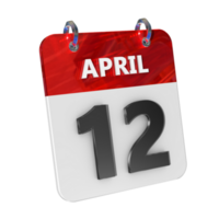 April 12 Date 3D Icon Isolated, Shiny and Glossy 3D Rendering, Month Date Day Name, Schedule, History png