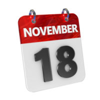 novembre 18 Date 3d icône isolé, brillant et brillant 3d le rendu, mois Date journée nom, calendrier, histoire png