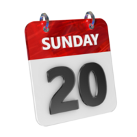 zondag 20 datum 3d icoon geïsoleerd, glimmend en glanzend 3d weergave, maand datum dag naam, schema, geschiedenis png