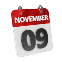 november 9 datum 3d icoon geïsoleerd, glimmend en glanzend 3d weergave, maand datum dag naam, schema, geschiedenis png