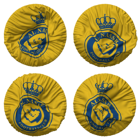 al nassr Amerikaans voetbal club vlag in ronde vorm geïsoleerd met vier verschillend golvend stijl, buil textuur, 3d renderen png