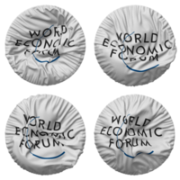 värld ekonomisk forum, wef flagga i runda form isolerat med fyra annorlunda vinka stil, stöta textur, 3d tolkning png