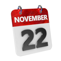 november 22 datum 3d icoon geïsoleerd, glimmend en glanzend 3d weergave, maand datum dag naam, schema, geschiedenis png