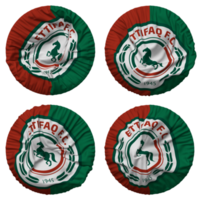 al ettifaq fotboll klubb flagga i runda form isolerat med fyra annorlunda vinka stil, stöta textur, 3d tolkning png