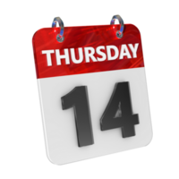 Thursday 14 Date 3D Icon Isolated, Shiny and Glossy 3D Rendering, Month Date Day Name, Schedule, History png