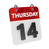 Thursday 14 Date 3D Icon Isolated, Shiny and Glossy 3D Rendering, Month Date Day Name, Schedule, History png