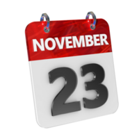 november 23 datum 3d icoon geïsoleerd, glimmend en glanzend 3d weergave, maand datum dag naam, schema, geschiedenis png