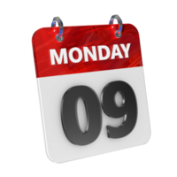 Monday 9 Date 3D Icon Isolated, Shiny and Glossy 3D Rendering, Month Date Day Name, Schedule, History png