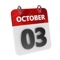 oktober 3 datum 3d icoon geïsoleerd, glimmend en glanzend 3d weergave, maand datum dag naam, schema, geschiedenis png