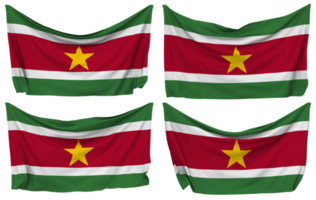 suriname festgesteckt Flagge von Ecken, isoliert mit anders winken Variationen, 3d Rendern png