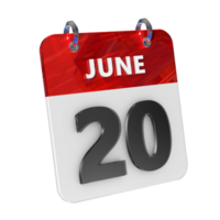 juni 20 datum 3d ikon isolerat, skinande och glansig 3d tolkning, månad datum dag namn, schema, historia png