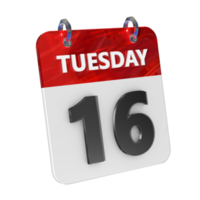 Tuesday 16 Date 3D Icon Isolated, Shiny and Glossy 3D Rendering, Month Date Day Name, Schedule, History png