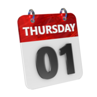 Thursday 1 Date 3D Icon Isolated, Shiny and Glossy 3D Rendering, Month Date Day Name, Schedule, History png