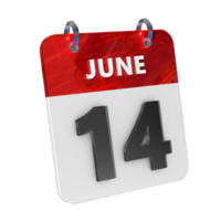 Juni 14 Datum 3d Symbol isoliert, glänzend und glänzend 3d Wiedergabe, Monat Datum Tag Name, Zeitplan, Geschichte png