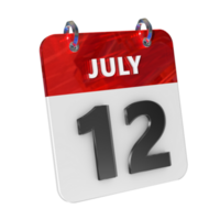 juli 12 datum 3d ikon isolerat, skinande och glansig 3d tolkning, månad datum dag namn, schema, historia png