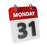 Monday 31 Date 3D Icon Isolated, Shiny and Glossy 3D Rendering, Month Date Day Name, Schedule, History png