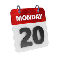 Monday 20 Date 3D Icon Isolated, Shiny and Glossy 3D Rendering, Month Date Day Name, Schedule, History png