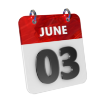 juni 3 datum 3d ikon isolerat, skinande och glansig 3d tolkning, månad datum dag namn, schema, historia png