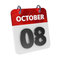 oktober 8 datum 3d icoon geïsoleerd, glimmend en glanzend 3d weergave, maand datum dag naam, schema, geschiedenis png