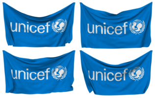 unito nazioni bambini finanziare, unicef appuntato bandiera a partire dal angoli, isolato con diverso agitando variazioni, 3d interpretazione png
