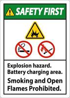 Safety First Sign Explosion Hazard, Battery Charging Area, Smoking And Open Flames Prohibited vector