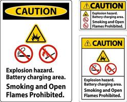 Caution Sign Explosion Hazard, Battery Charging Area, Smoking And Open Flames Prohibited vector