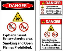 Danger Sign Explosion Hazard, Battery Charging Area, Smoking And Open Flames Prohibited vector