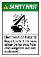 Safety First Sign Electrocution Hazard, Keep All Parts Of This Crane At Least 20 Feet Away From Electrical Power Lines And Equipment vector