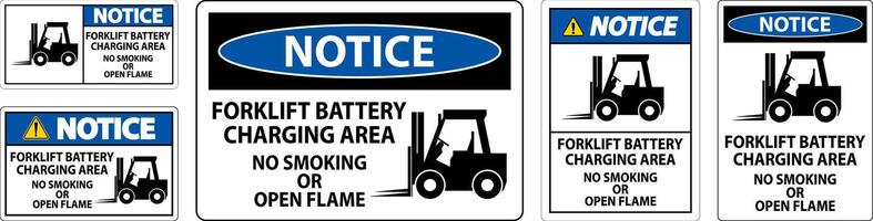 Notice Sign Forklift Battery Charging Area, No Smoking Or Open Flame vector