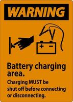 Warning First Sign Battery Charging Area, Charging Must Be Shut Off Before Connecting or Disconnecting. vector