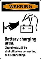 Warning First Sign Battery Charging Area, Charging Must Be Shut Off Before Connecting or Disconnecting. vector