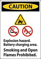 Caution Sign Explosion Hazard, Battery Charging Area, Smoking And Open Flames Prohibited vector