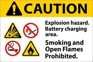 Caution Sign Explosion Hazard, Battery Charging Area, Smoking And Open Flames Prohibited vector