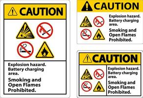 Caution Sign Explosion Hazard, Battery Charging Area, Smoking And Open Flames Prohibited vector