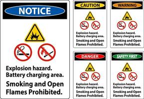 Danger Sign Explosion Hazard, Battery Charging Area, Smoking And Open Flames Prohibited vector