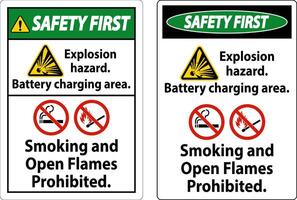 Safety First Sign Explosion Hazard, Battery Charging Area, Smoking And Open Flames Prohibited vector