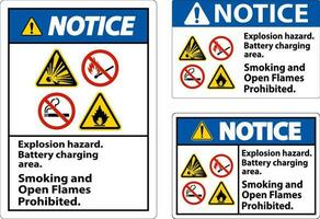 Notice Sign Explosion Hazard, Battery Charging Area, Smoking And Open Flames Prohibited vector