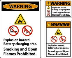 Warning Sign Explosion Hazard, Battery Charging Area, Smoking And Open Flames Prohibited vector