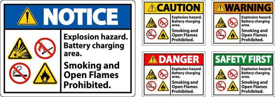 Danger Sign Explosion Hazard, Battery Charging Area, Smoking And Open Flames Prohibited vector