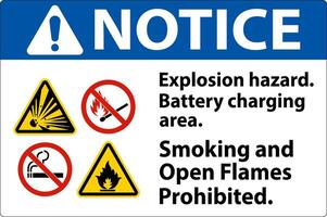 Notice Sign Explosion Hazard, Battery Charging Area, Smoking And Open Flames Prohibited vector