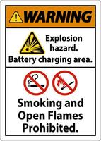 Warning Sign Explosion Hazard, Battery Charging Area, Smoking And Open Flames Prohibited vector