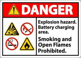 Danger Sign Explosion Hazard, Battery Charging Area, Smoking And Open Flames Prohibited vector